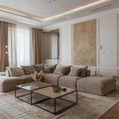 interior design of apartment, kazakh style, modern beige white colors , ornamental traditional colorful carpet, clean design, modern interior design, living room, small sofa, coffee table