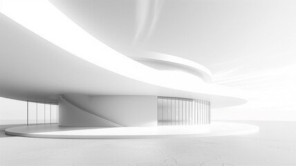 A 3D-rendered vision of a white circular building, its form casting subtle shadows on a clean, monochromatic background, symbolizing minimalist, futuristic technology design