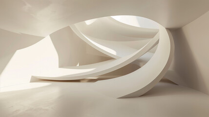 A captivating 3D illustration of a white, circular edifice, surrounded by soft light and shadow, offering a modern geometric wallpaper look with a minimalist, futuristic design