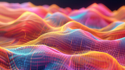 Fototapeta premium A creative 3D render of undulating waves made from digital particles, forming a dynamic and modern background in vibrant hues