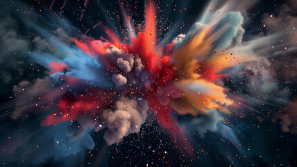 An abstract, 3D-rendered explosion of colorful particles, set against a deep, dark background, creating a modern and creative visual spectacle