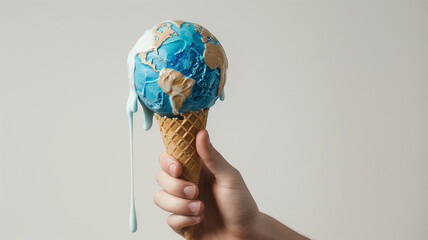 An evocative representation of the climate change crisis, with a melting globe on an ice cream cone, held up against a white backdrop.  - obrazy, fototapety, plakaty