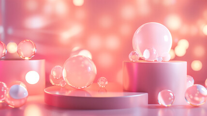 Elegant podium with soft, glowing orbs floating around for a magical cosmetic product presentation, 3D, creative, perfect light,