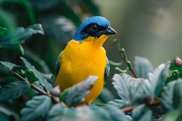Obraz premium Captivating Blue Factor Canary Amidst Lush Natural Surroundings Showcased Through Editorial and Documentary Photography Styles