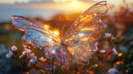 Enchanting fairy wings illuminated by the soft glow of dusk, their colors mirroring the brilliance of a setting sun.  - obrazy, fototapety, plakaty