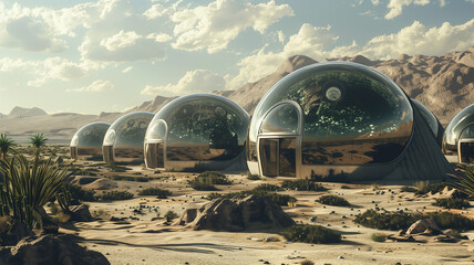 Futuristic domed habitats in desertified landscapes, representing humanity's resilience to climate change