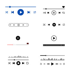 Set of audio or video player progress loading bars with time slider, play and pause,