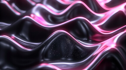 Obraz premium Futuristic wavy 3D metallic background with a seamless transition from metallic pink to deep space black