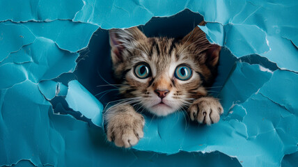 Kitten peeking through a vibrant blue torn paper, eyes wide with wonder, blending fantasy with realism - obrazy, fototapety, plakaty