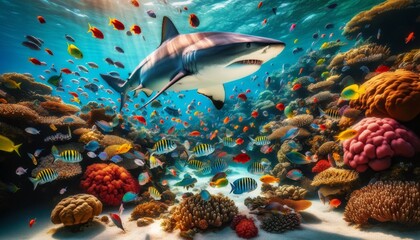 A shark approaching a school of colorful tropical fish on a vibrant coral reef.