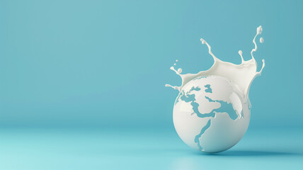 Minimalist 3D milk droplets forming the shape of a globe, set against a pastel blue background, "Celebrate World Milk Day" in creative, simple lettering, banner design