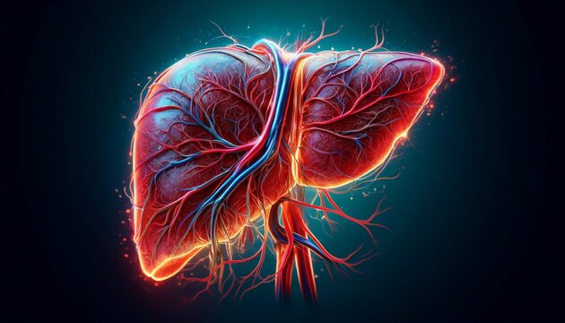A detailed illustration of a human liver, highlighting its internal structure and blood supply in an artistic style.