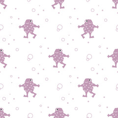 Cute smiling frogs seamless pattern. Print of a funny cartoon character in a simple children's style. Vector illustration on a white background.