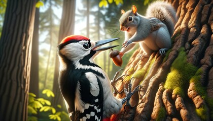 Create a detailed image of a black and white woodpecker with a striking red crest, engaged in a playful encounter with a gray squirrel.