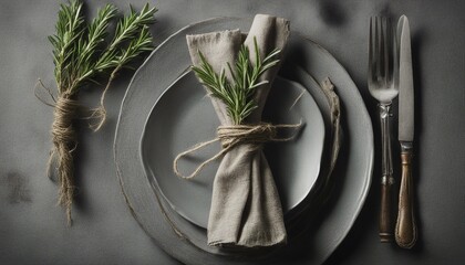 Rustic table setting: Linen napkin, twine, rosemary sprig, vintage silverware on textured grey background.