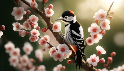 A highly detailed image of a black and white woodpecker with a distinctive red patch on the back of its head, perched gracefully on a branch.