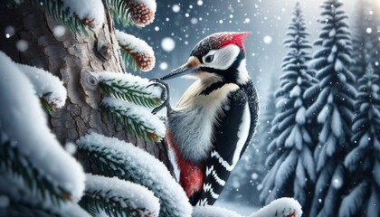 A highly detailed image of a black and white woodpecker with a red crest, tapping into a pine tree covered in snow.
