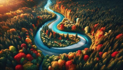 An aerial view of a winding river cutting through a colorful autumn forest, in a 16_9 aspect ratio.