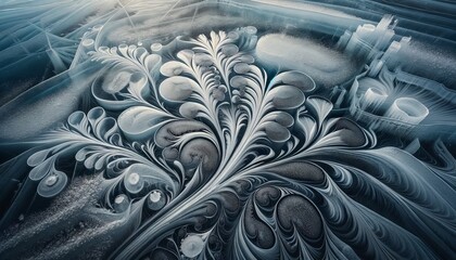 A detailed view of a frozen lake's surface with an abstract ice formation, showcasing a variety of...