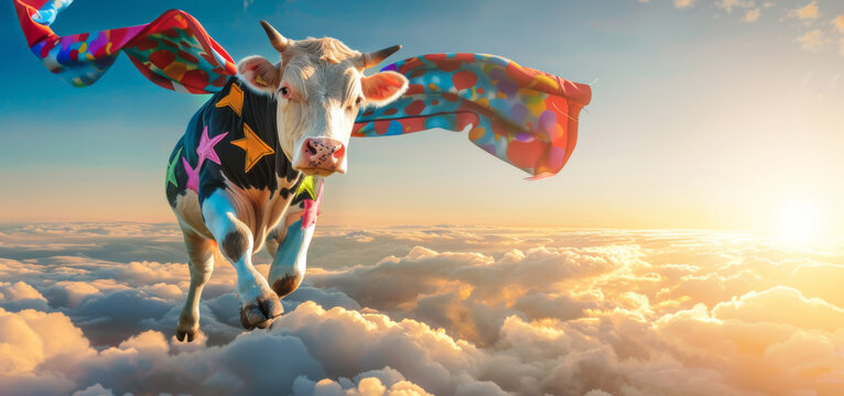 photo of cow dressed in colorful superhero costume, flying above the clouds at sunrise