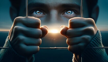 A close-up of two hands gripping a fence, with hopeful eyes gazing through it towards a horizon where the first light of dawn is breaking.