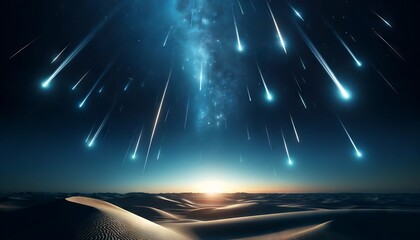 A close view of a meteor shower with shooting stars illuminating the desert sky, where the landscape is barely visible.