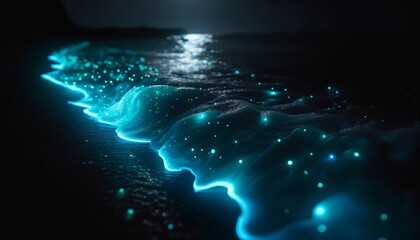 A close-up of glowing bioluminescent plankton in the waves crashing onto a dark beach.