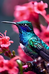 Fototapeta premium Hummingbird hovering over brightly colored flowers, Ai