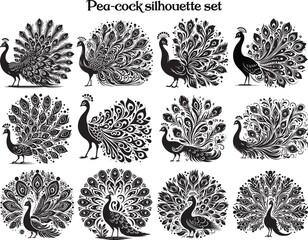 Pea cock silhouette vector set