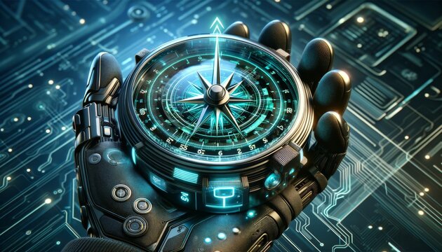 A futuristic compass with holographic elements pointing due north, held in a hand with a high-tech glove. - Powered by Adobe