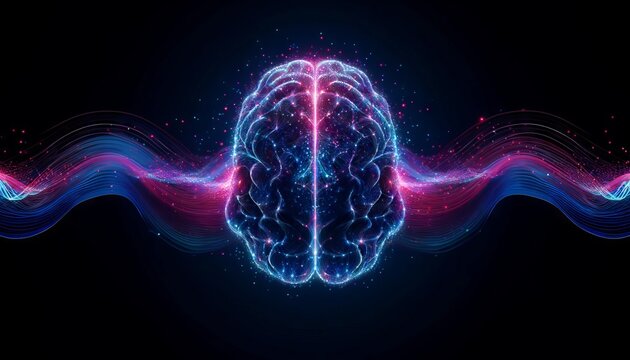 Visualizing a series of light particle waves converging to form the shape of a human brain.