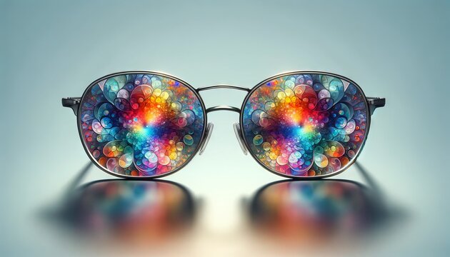 A pair of eyeglasses with lenses that reflect a kaleidoscope of colors, representing diverse perspectives and insights.
