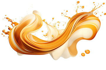 Golden yellow splash of caramel. 3d illustration, 3d rendering. isolated on PNG Background. Generative Ai.