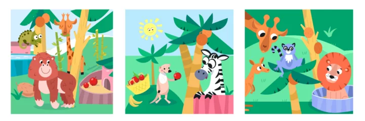 Foto op Canvas Children color scenes with animals in zoo. Color Funny cartoon characters. Vector Illustrations for book, design, posters, puzzle, games. © AngArt