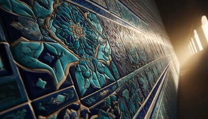 A highly detailed and focused close-up shot of the intricate blue and turquoise tilework showcasing the beautiful patterns and craftsmanship. - obrazy, fototapety, plakaty
