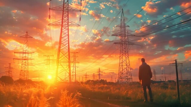 A person standing at a power plant at a high voltage pole at sunset over a city forest with towers and electric pylon silhouettes. Green energy or technology