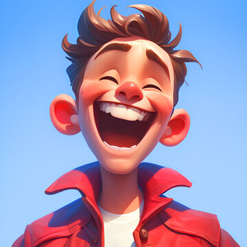 Laughing Boy in Red Jacket Enjoying Sunshine on Clear Blue Sky Background