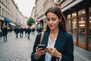 Fototapeta premium Woman using smart phone in the city