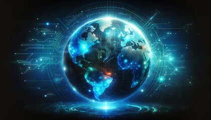 A holographic globe with continents highlighted by bright neon circuits in blue and cyan, symbolizing global connectivity in the digital age.