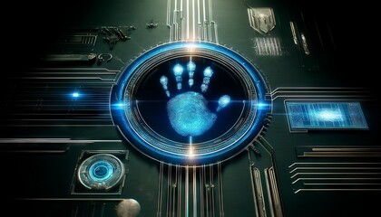 A handprint interface on a futuristic control panel with similar blue and cyan light effects as the previous image.