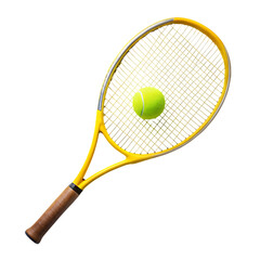 a yellow tennis racket and a green tennis ball