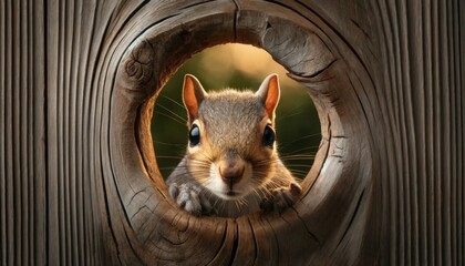A detailed and sharply focused image of a squirrel peeking through a knothole in a rustic wooden fence.