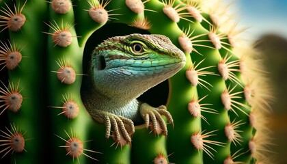 A close-up, detailed image of a lizard gazing through a gap in a green cactus plant.