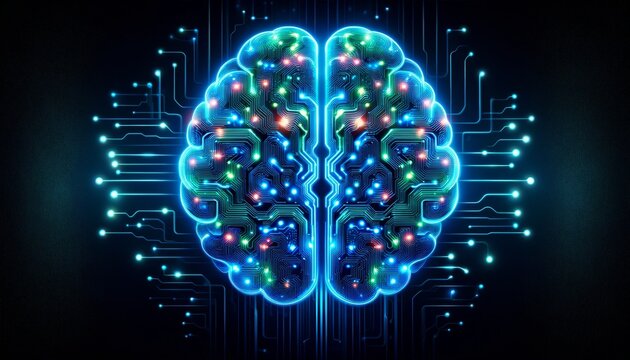 A digital brain with glowing neural pathways in a neon circuit style.
