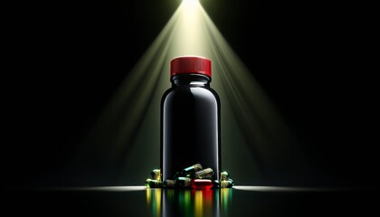 A glossy black bottle with a bright red cap, packed with green and yellow striped capsules, presented in a spotlight. - Powered by Adobe