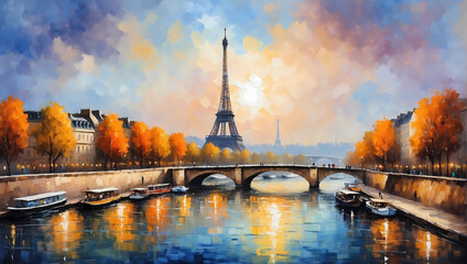 Obraz premium Paris Cityscape with Eiffel Tower and Notre Dame by the River Seine