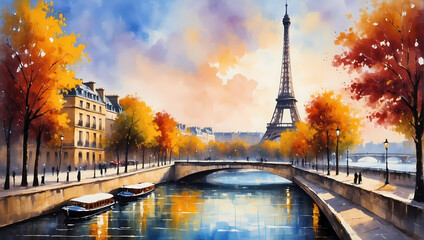 Paris Cityscape with Eiffel Tower and Notre Dame by the River Seine - obrazy, fototapety, plakaty