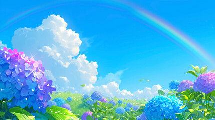 紫陽花と虹がかかる青空　Generative AI - obrazy, fototapety, plakaty