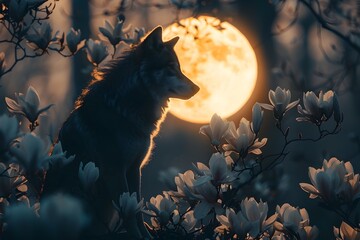 Captivating Silhouette of a Wolf against a Luminous Full Moon Surrounded by the Delicate Beauty of...