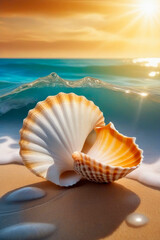 Blue ocean seascape, wave, beautiful seashell.